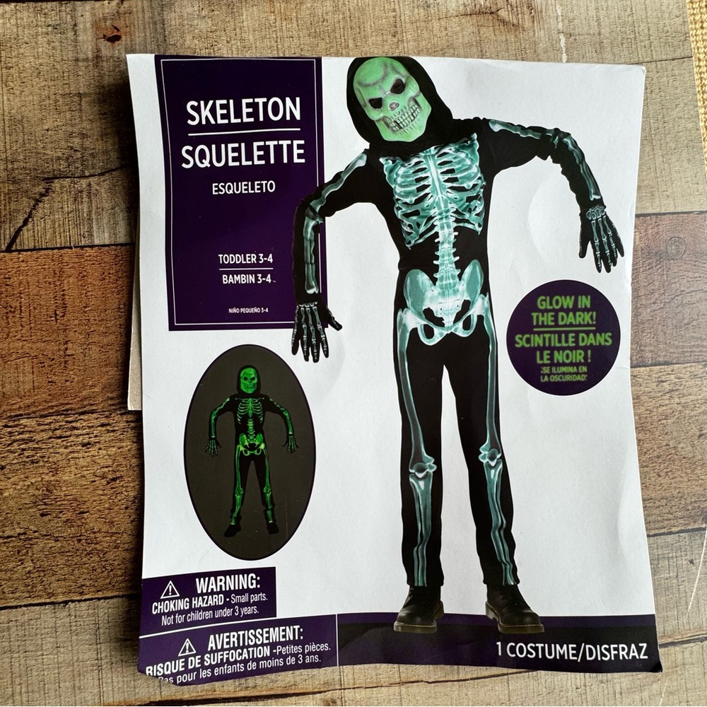 Glow-in-the-Dark Skeleton Costume for Toddles Size 3-4 NEW Unowrn